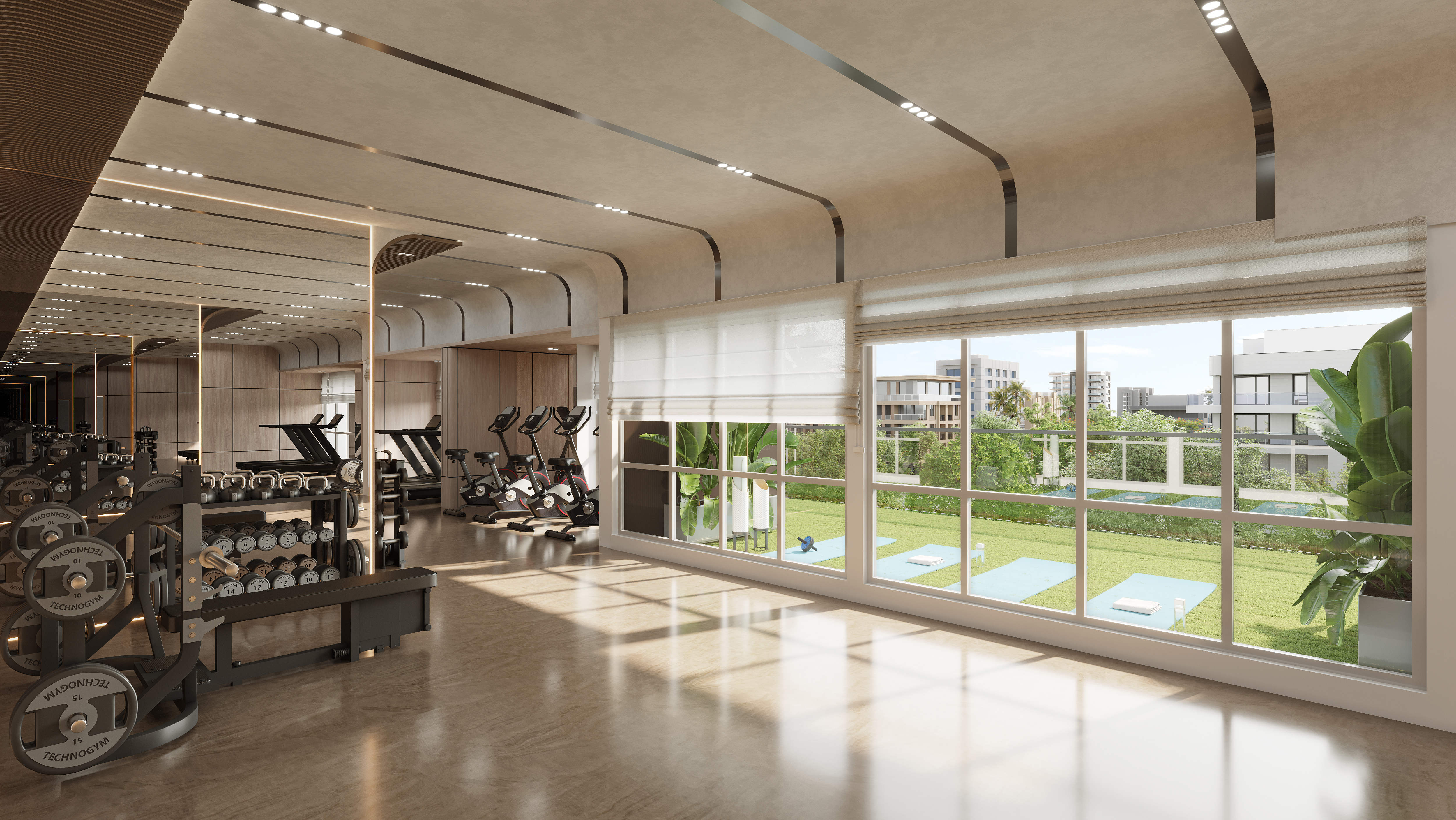 Fully equipped gymnasium with floor-to-ceiling windows