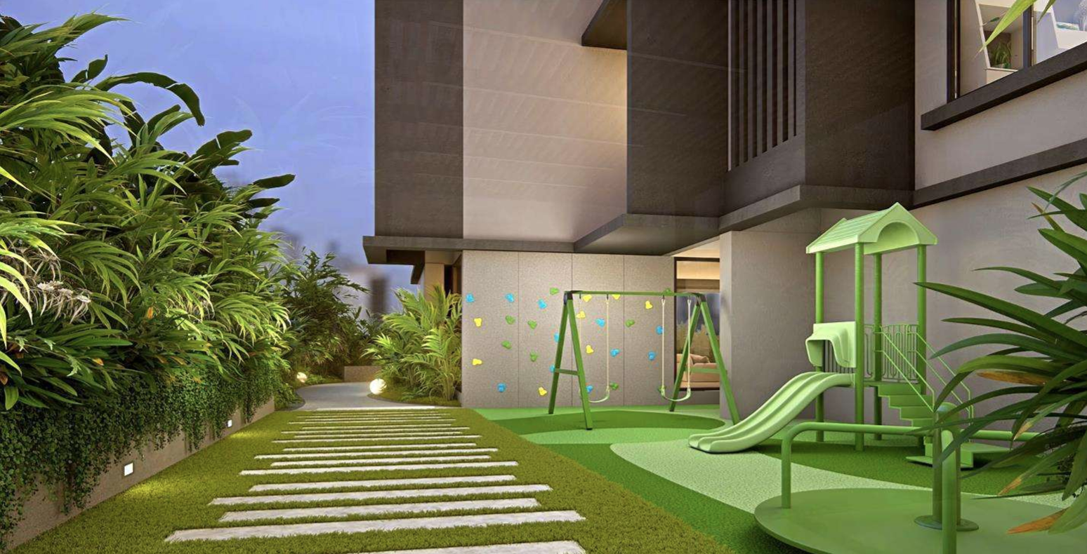 Outdoor play area and walking track on landscaped podium