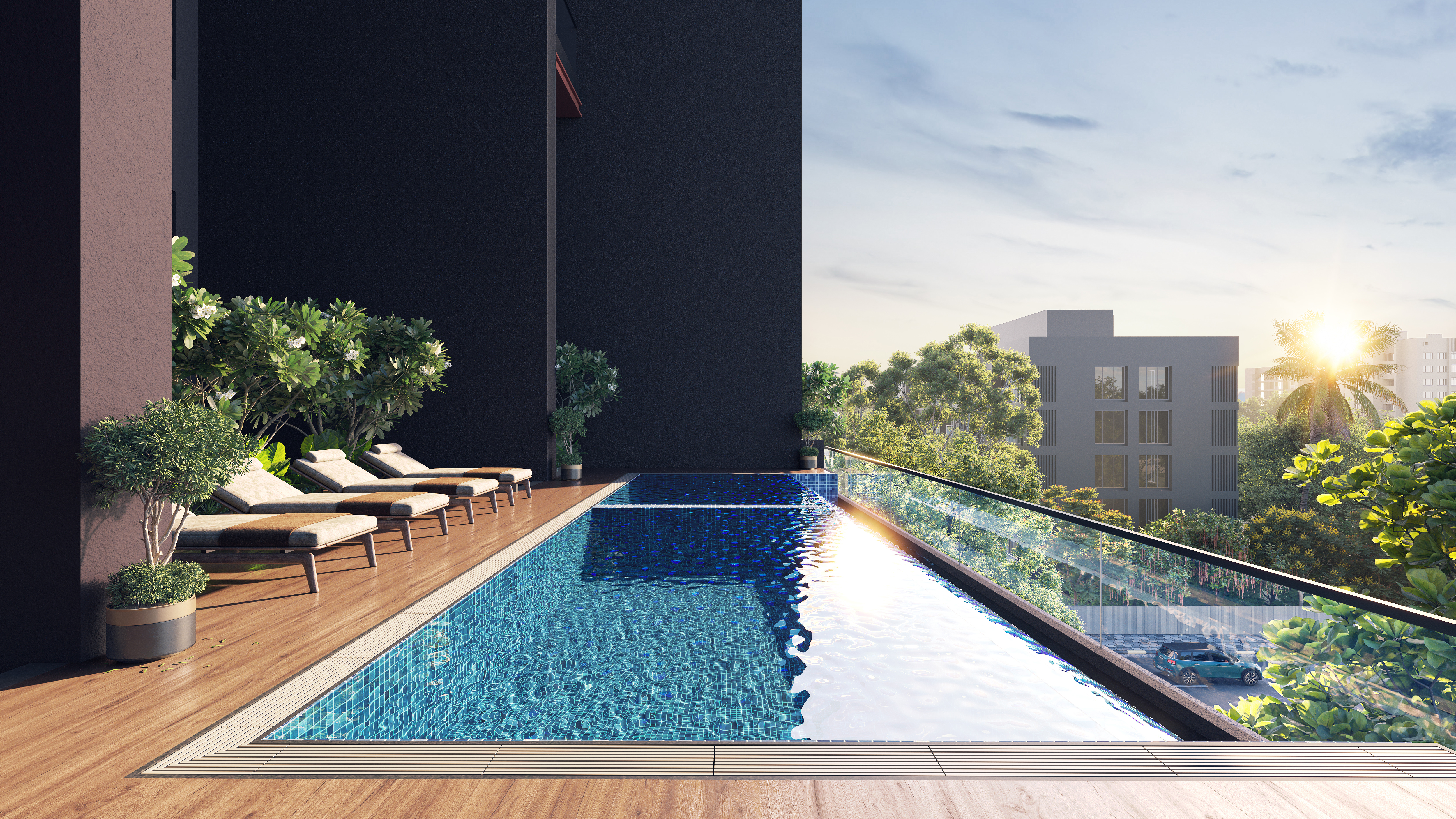 Azure rooftop swimming pool at golden hour