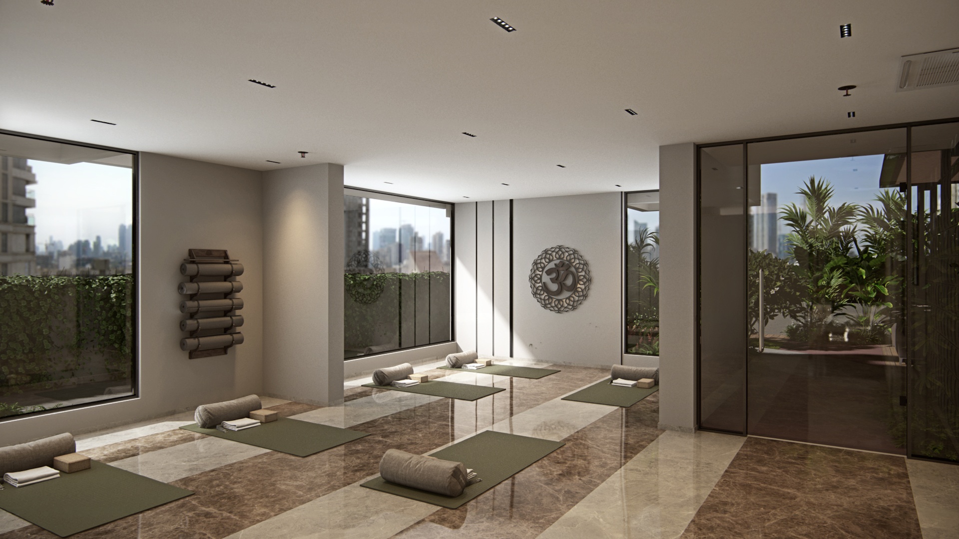 Serene yoga room with natural light